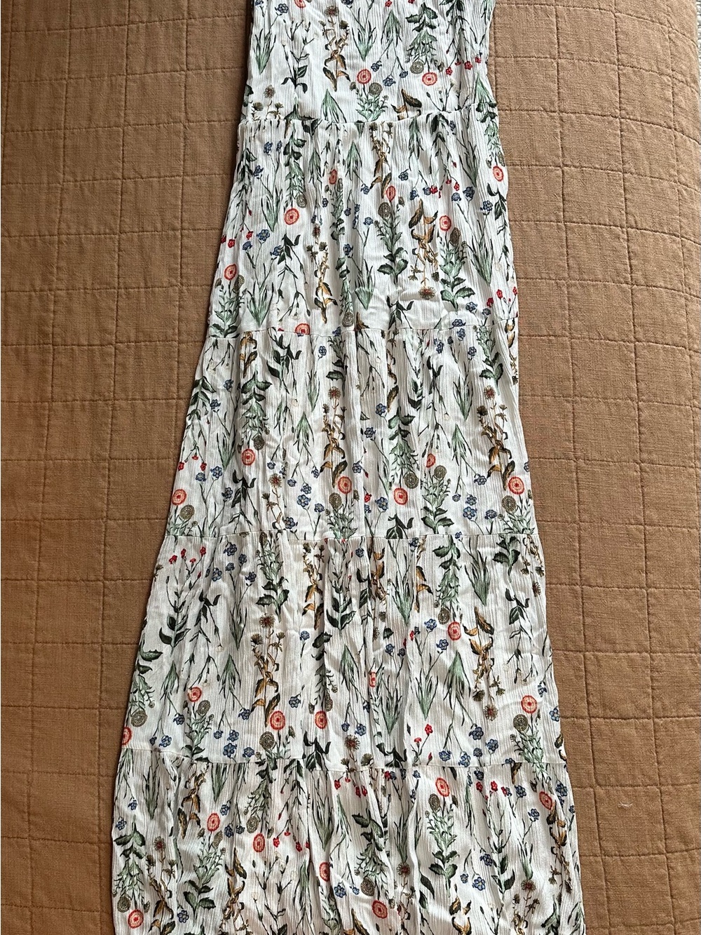 Cynthia Rowley White Floral Tiered Maxi Dress with Green & Red Accents